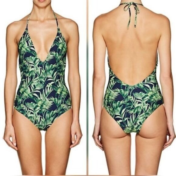 ONIA Nina One Piece Swimsuit Sz Urban Palms Print Plunge Neck Halter Open Back - Picture 6 of 6